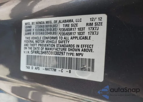 2013 Honda Odyssey Ex-L from USA, damaged, VIN 5FNRL5H65DB030297
